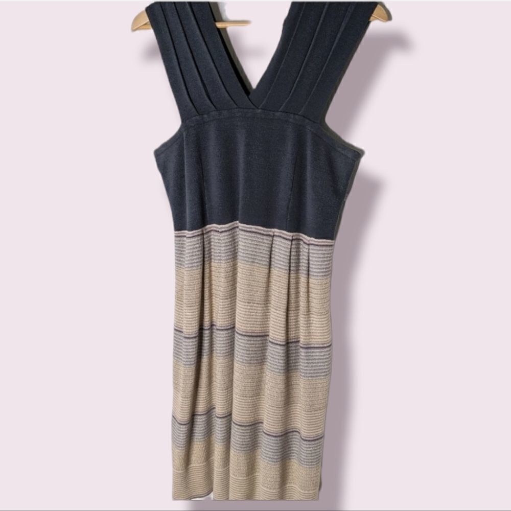 Anthropologie Stretch Wool V Neck Umpire Waist Wide Strap Metallic Dress Size L